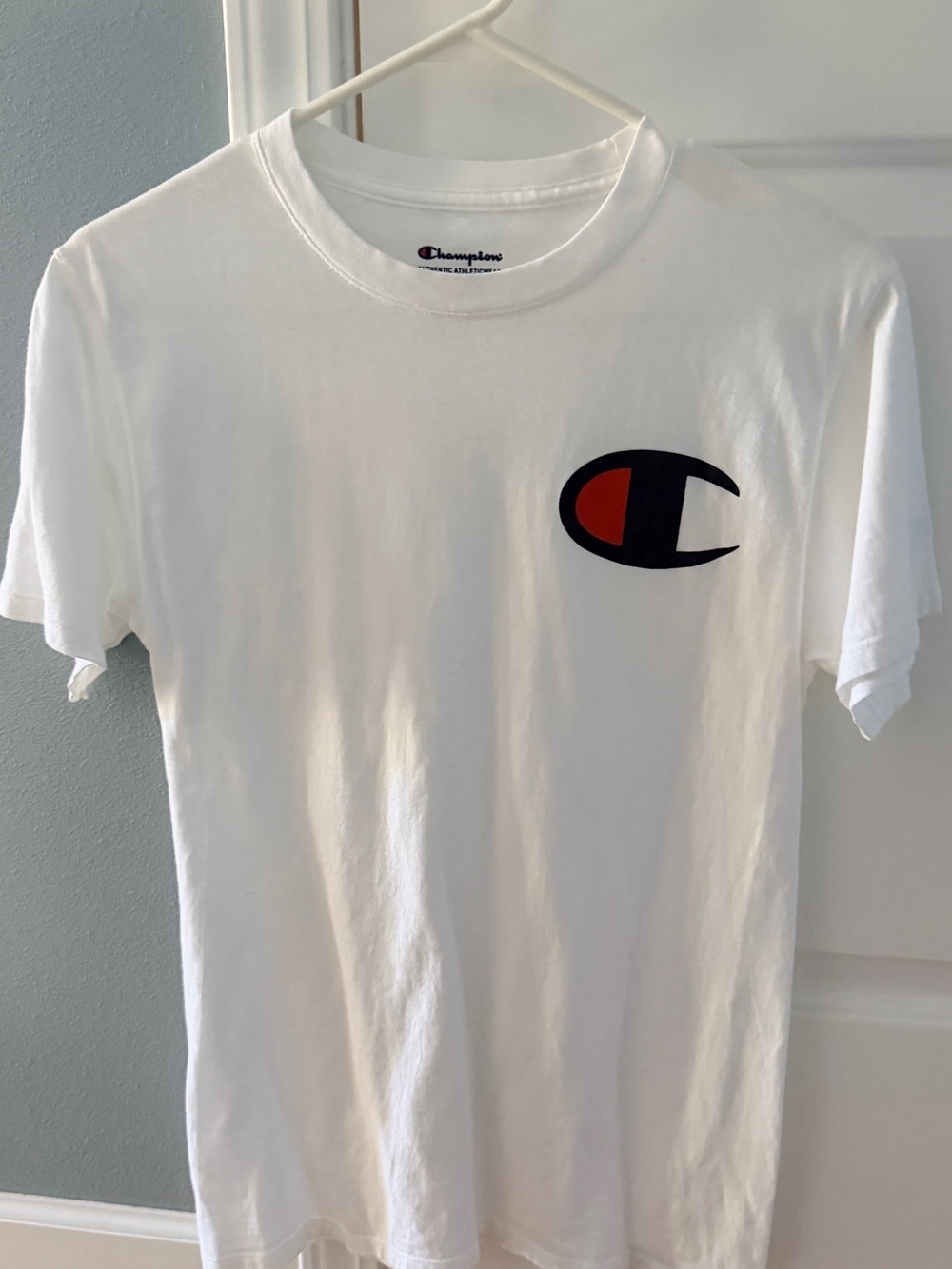 Champion White Crewneck Tee with Navy & Red Logo